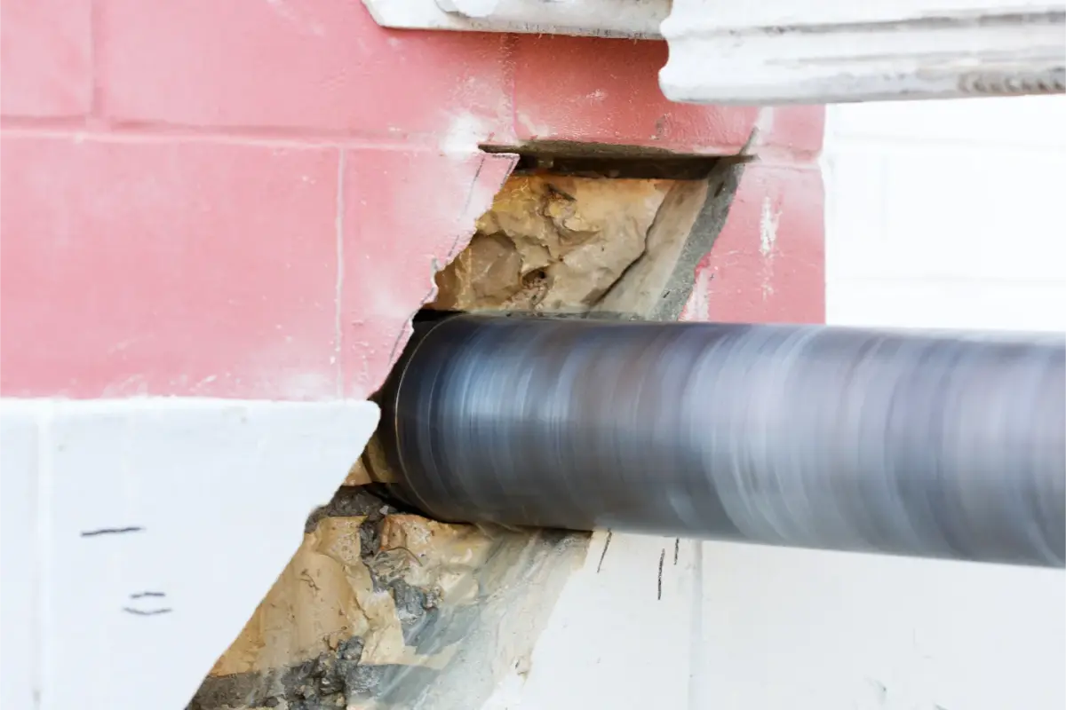 Diamond core drilling equipment creating a clean opening through a concrete wall